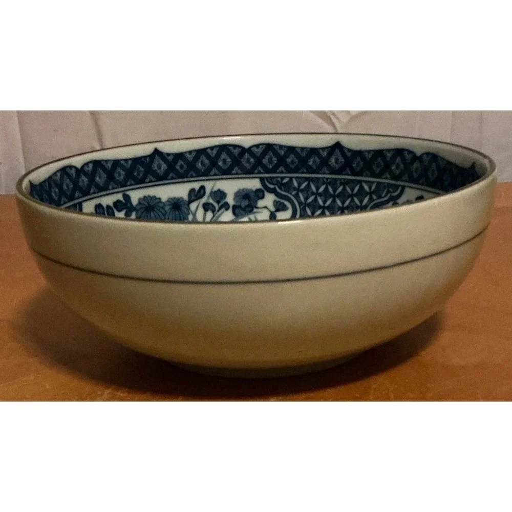 Vintage Blue and White Serving Bowl Made in Japan Peacock w/Cherry Blossoms 8.5
